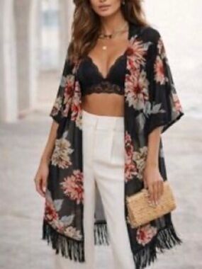 Siren Lily Black Floral Fringe Kimono with Red and Cream Blooms